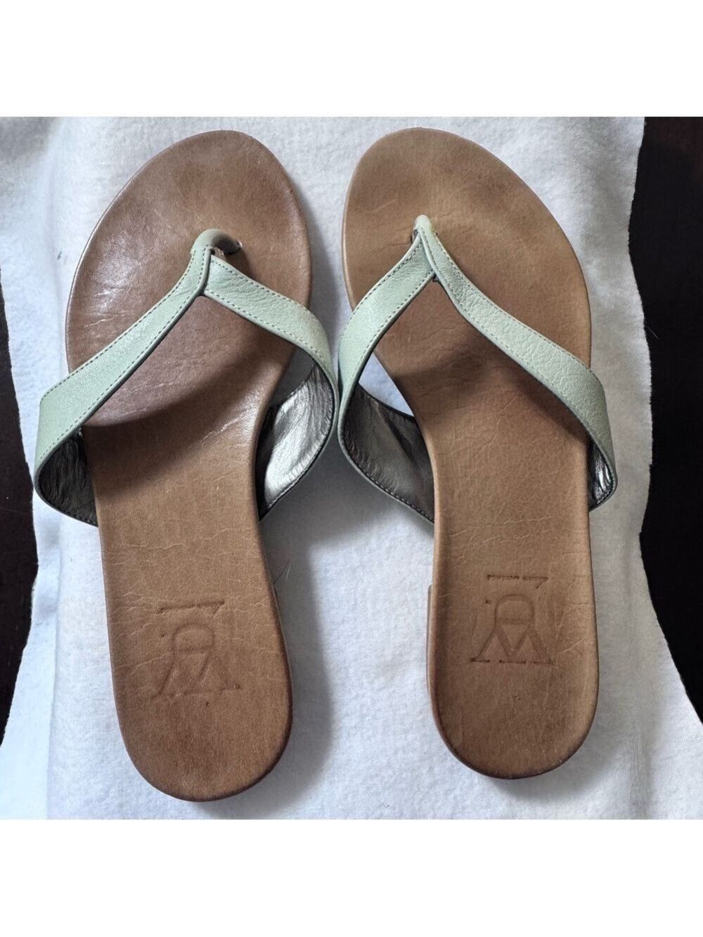 Diana Warner Sandals with Mint Green Leather Straps and Leather Footbed size 39